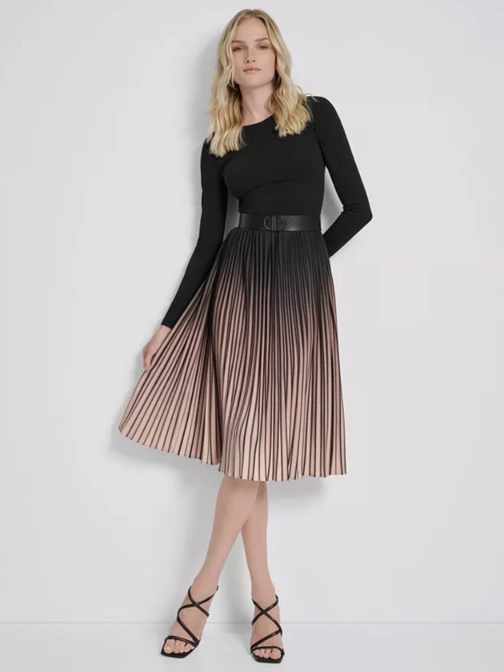 DKNY Ombré Sunburst Pleat-Skirt Long-Sleeve Midi Dress